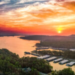 Aerial view of a Lake Ouachita sunset