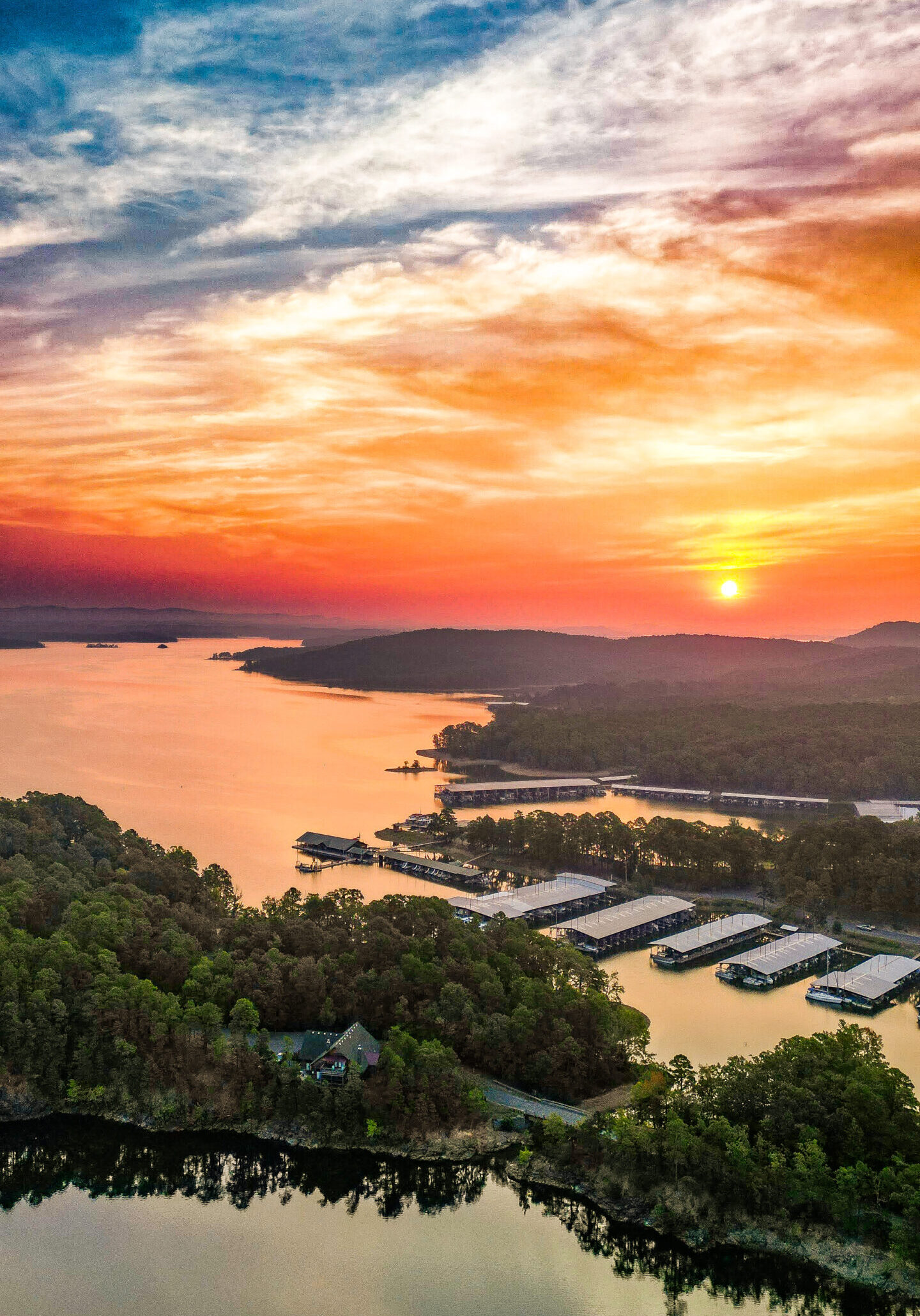 Aerial view of a Lake Ouachita sunset